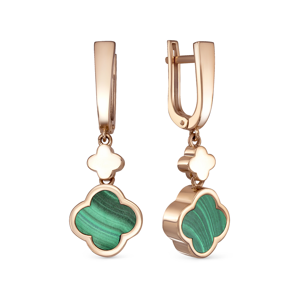 Серьги Клевер с малахитами из красного золота 585 120060 м