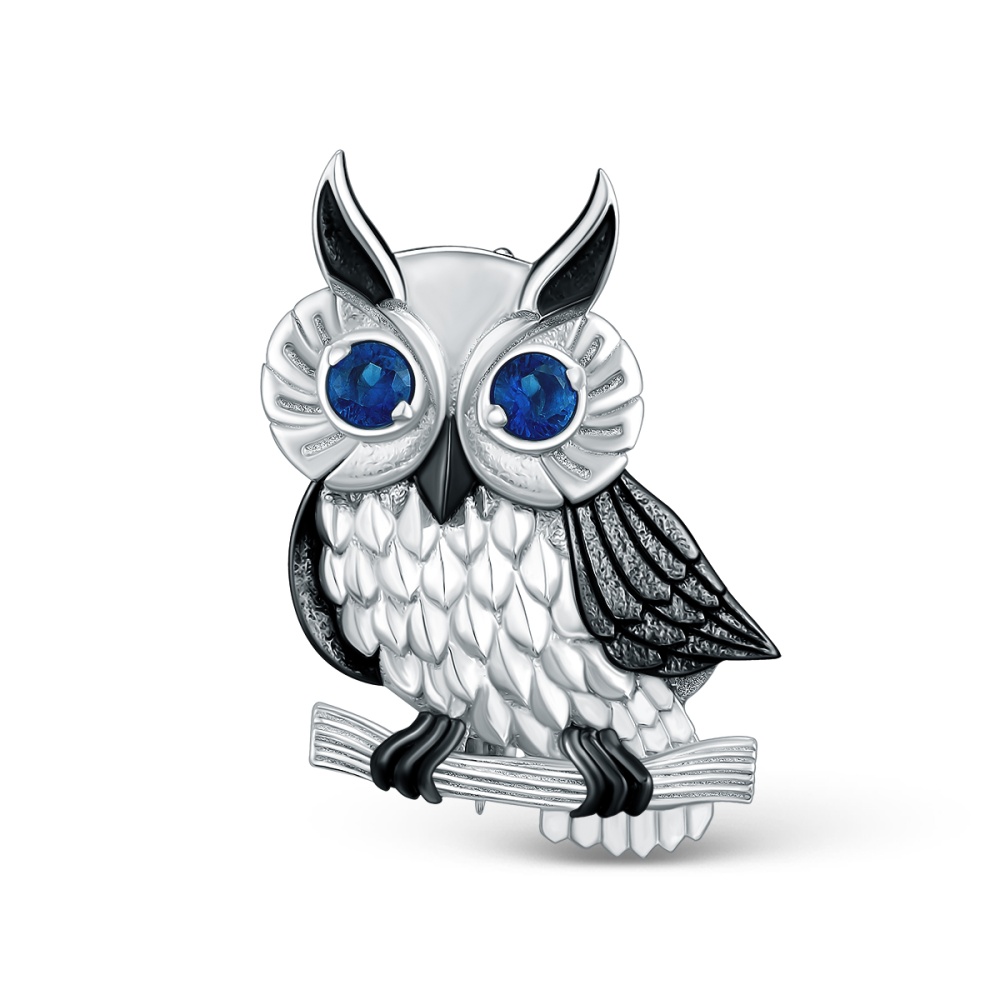 Брошь Сова с фианитами из серебра 925 с родированием Бр-002рч216