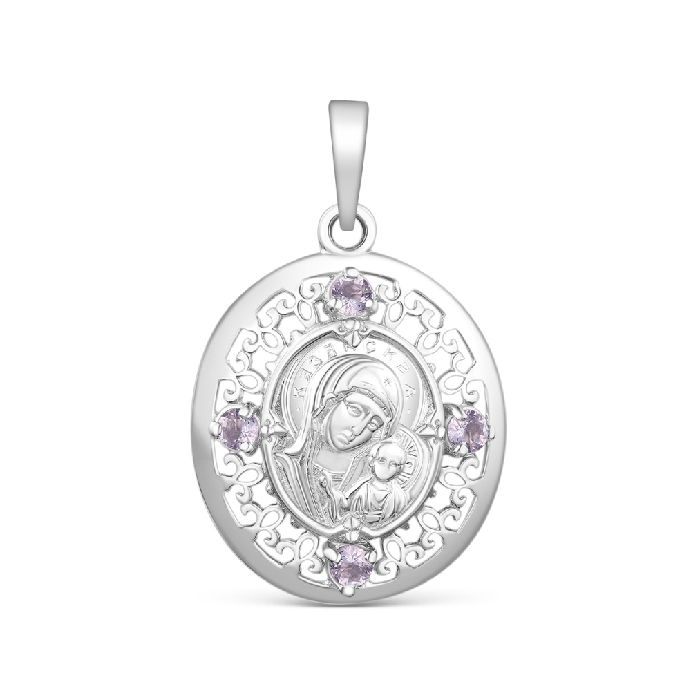 Икона нательная Божией Матери Казанская с фианитами из серебра 925 с родированием