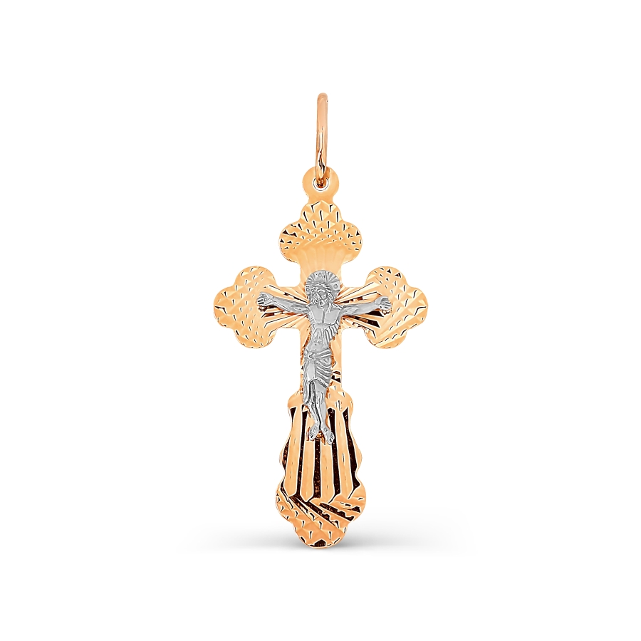 Крест без камней с алмазной гранью из красного золота 585 с родированием