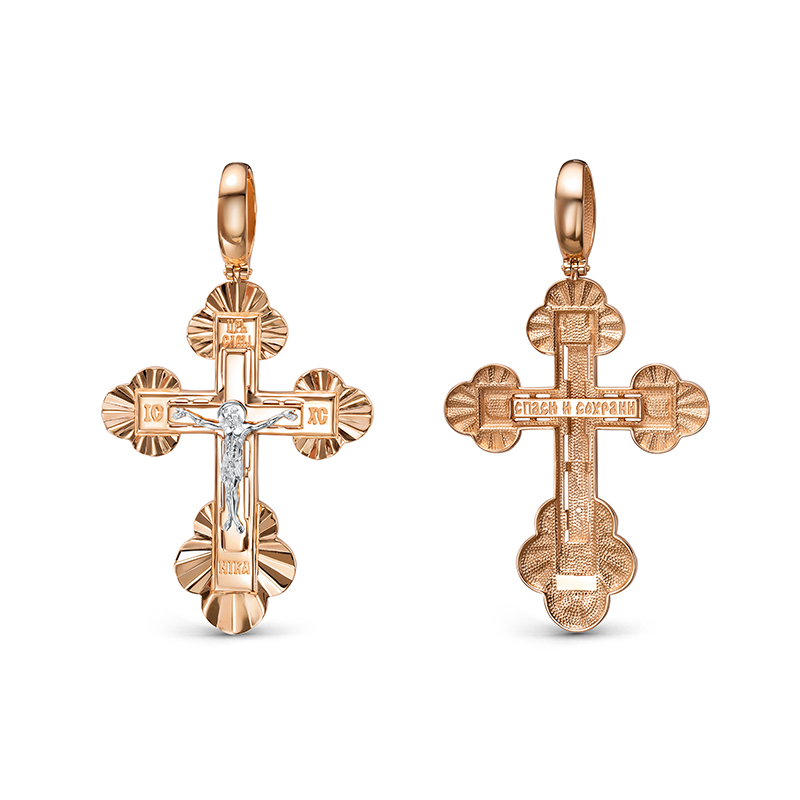 Крест с алмазной гранью из красного золота 585 с родированием 0807524