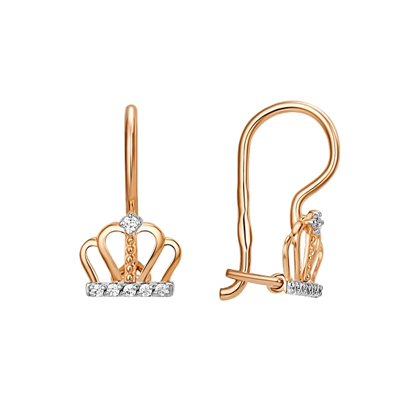 Серьги детские Корона с фианитами из красного золота 585 015852-1102