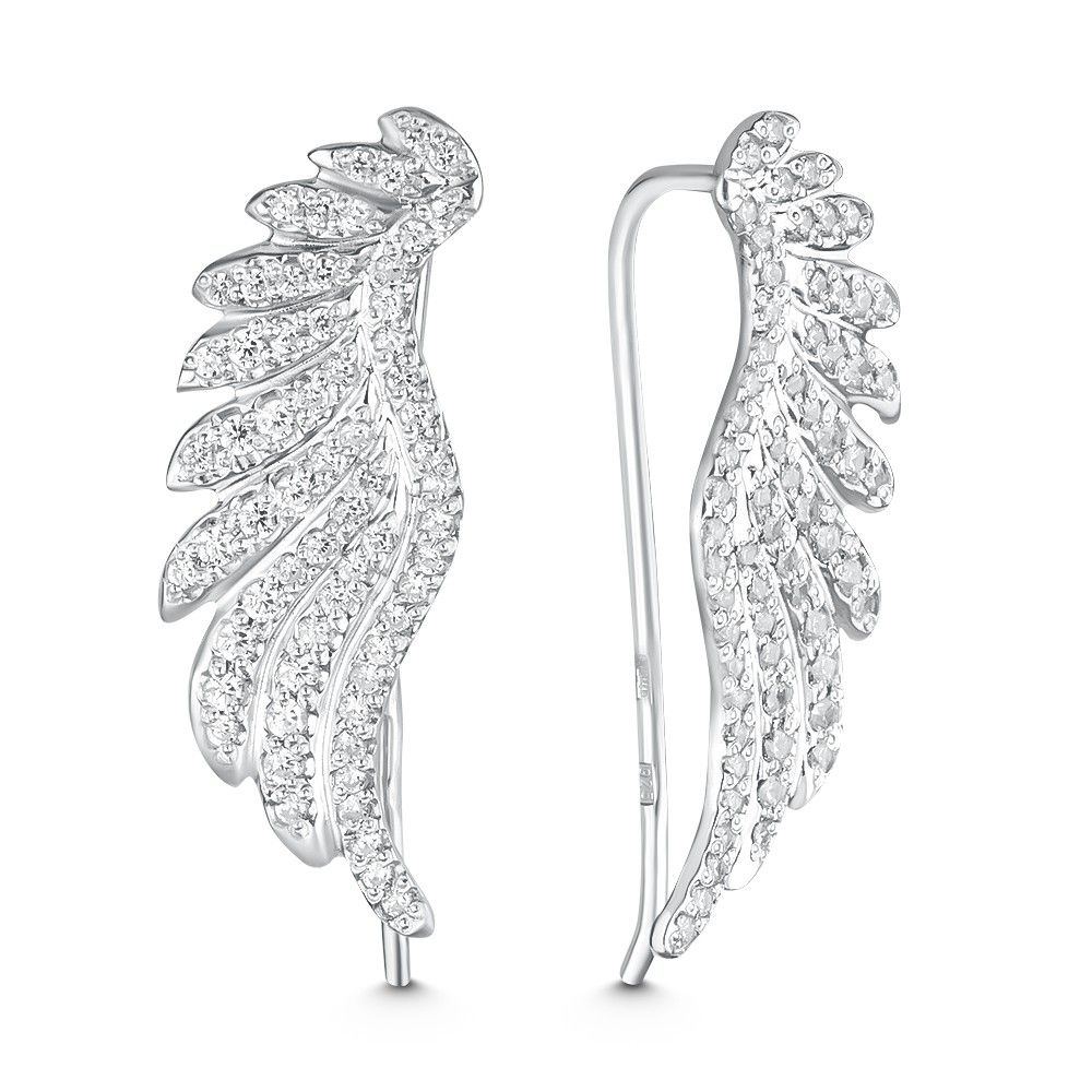 Серьги-каффы Крылья с фианитами из серебра 925 с родированием 02-1249