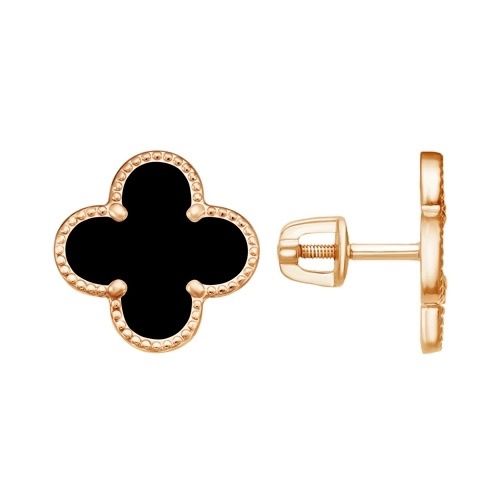 Серьги-пусеты Клевер с ониксами из красного золота 585 СВПУ 15-6
