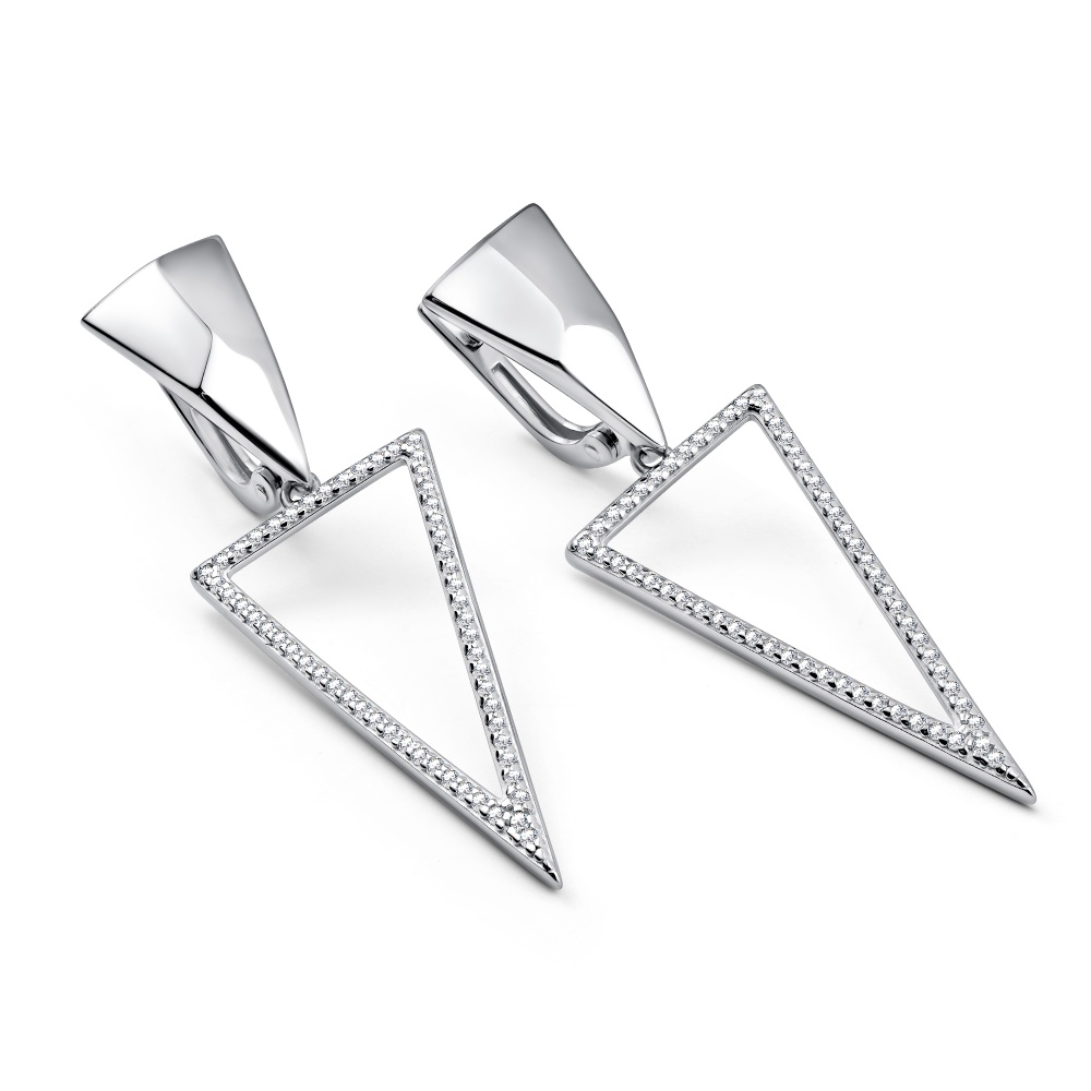 Серьги Треугольники с фианитами из серебра 925 с родированием 02-4676/00КЦ-00