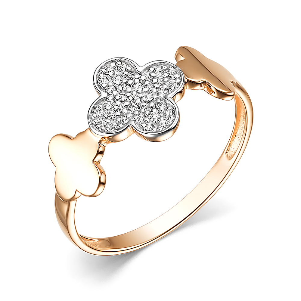 Кольцо Клевер с фианитами из красного золота 585 К4833