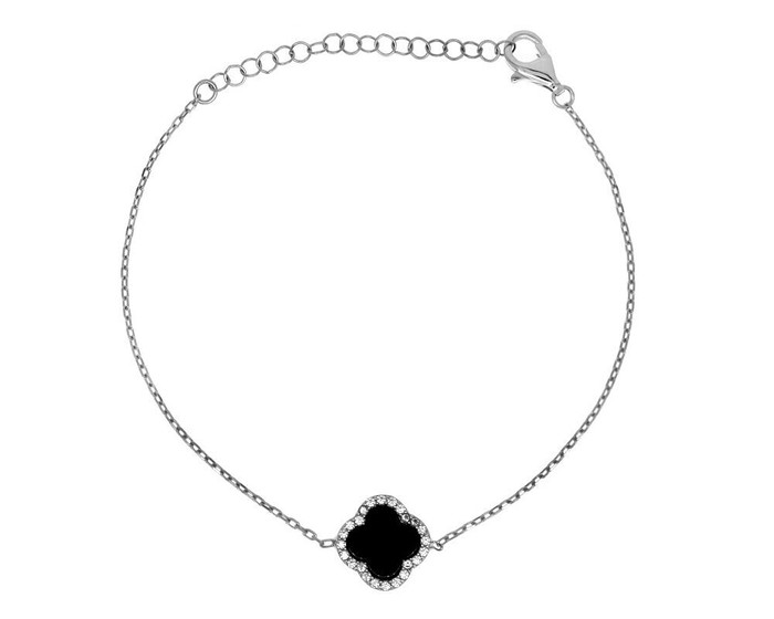 Браслет Клевер с ониксом и цирконием из серебра 925 с родированием 650369