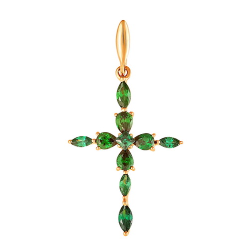 Крест декоративный с зелеными фианитами из красного золота 585