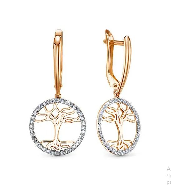 Серьги Дерево Жизни с фианитами из красного золота 585 с родированием 10-20212_f-201