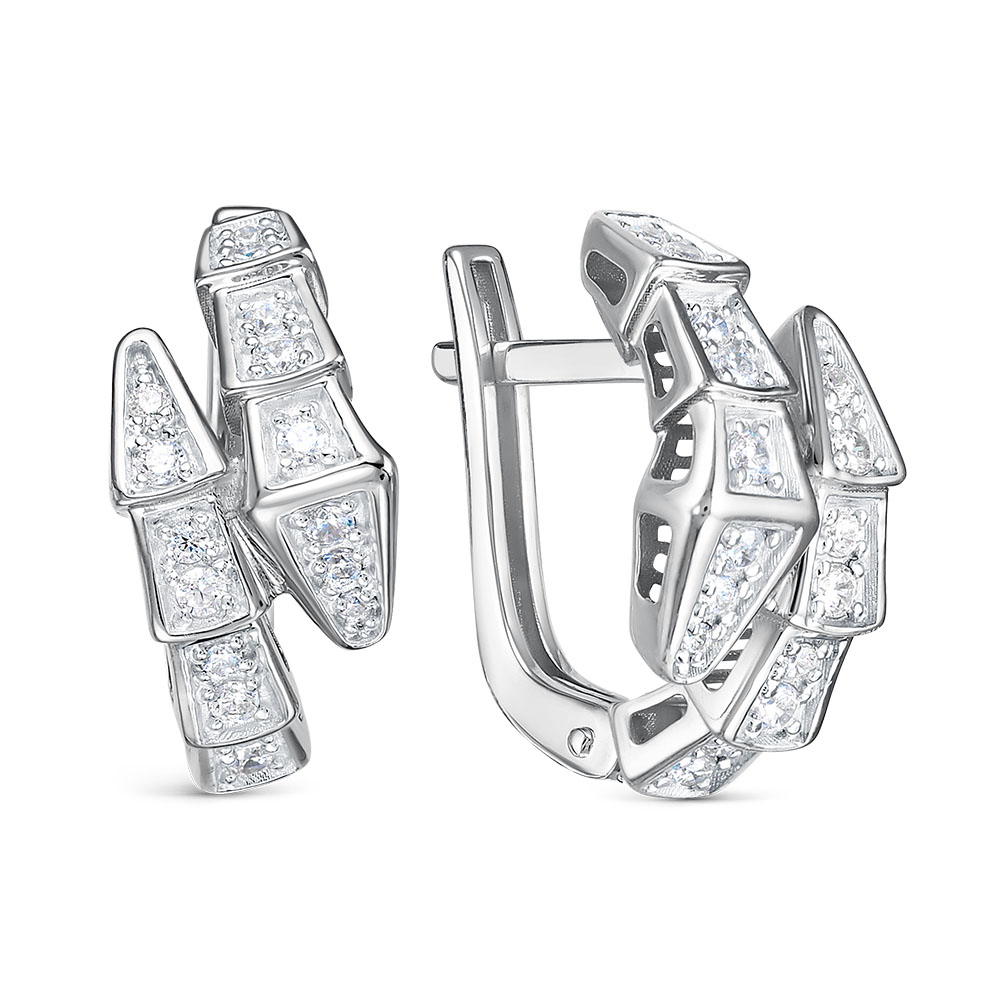 Серьги Змеи с фианитами из серебра 925 с родированием с120323