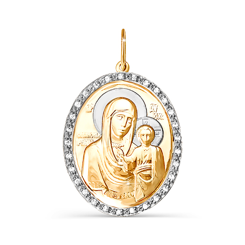 Икона нательная Божией Матери Казанская с фианитами из красного золота 585 с родированием