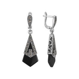 Серьги с чёрными агатами и марказитами из серебра 925 ТАСН.328АЧN 