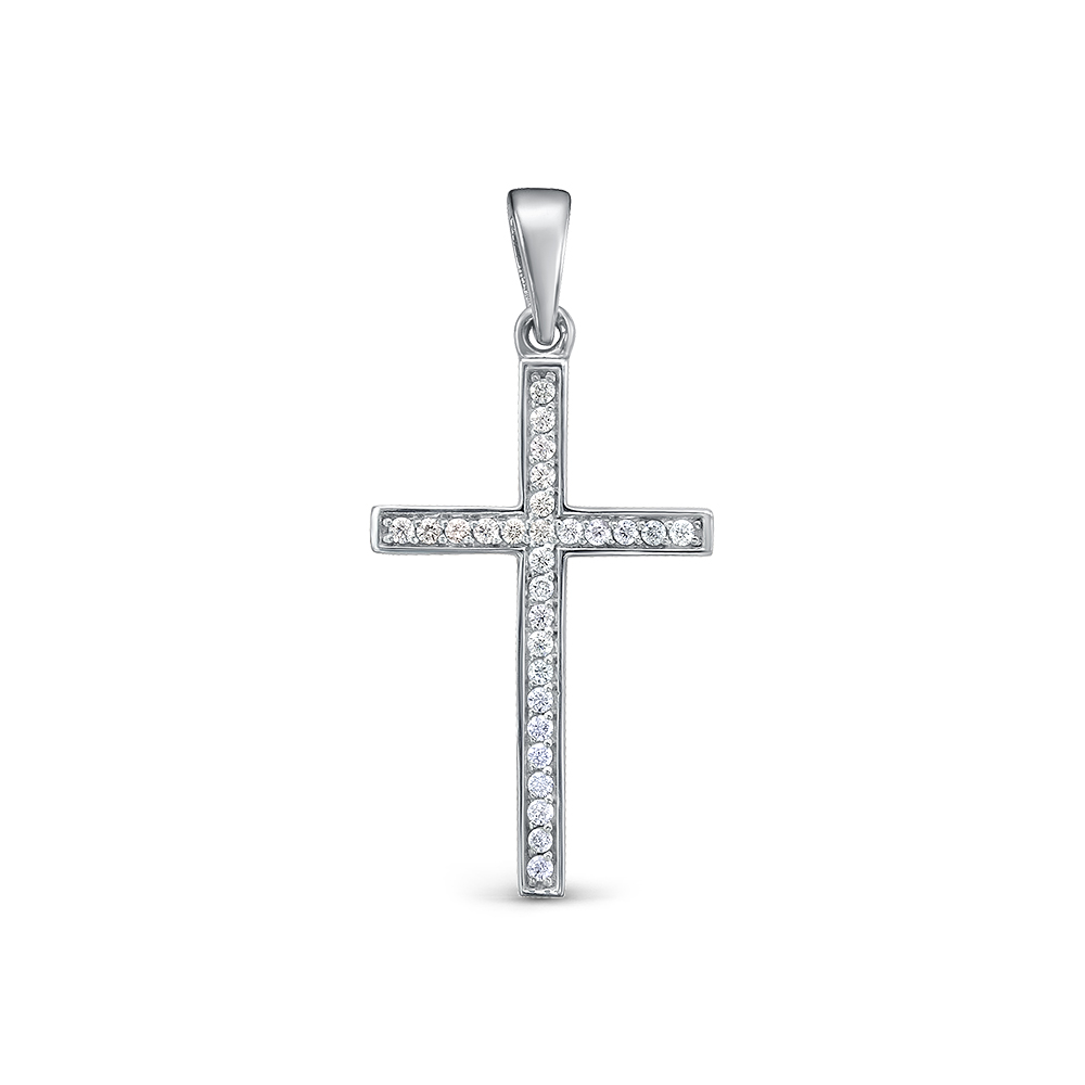 Крест декоративный с бриллиантами из белого золота 585 с родированием