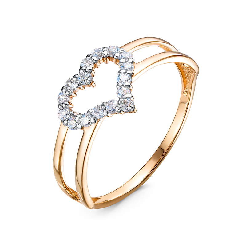 Кольцо Сердце с фианитами из красного золота 585 с родированием 1105154