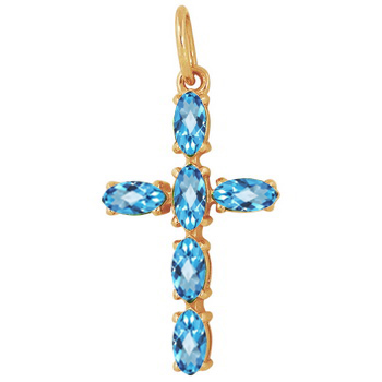 Крест декоративный с голубыми фианитами из красного золота 585