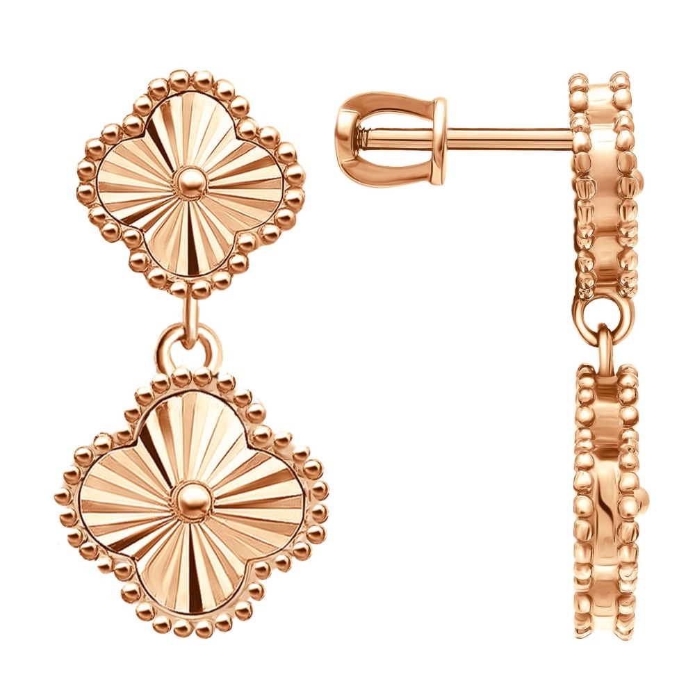 Серьги-пусеты Клевер с алмазной гранью из красного золота 585 С6045