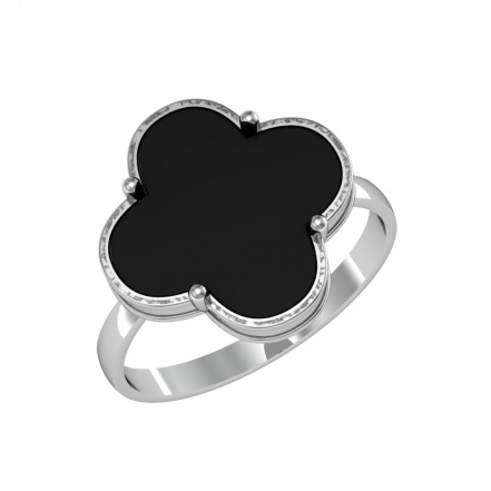 Кольцо Клевер с чёрным агатом из серебра 925 с родированием 201095