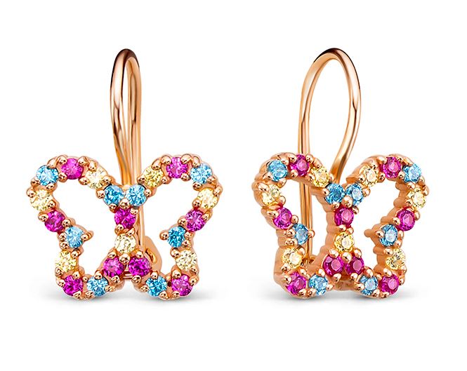 Серьги детские Бабочки с фианитами из красного золота 585 1204951