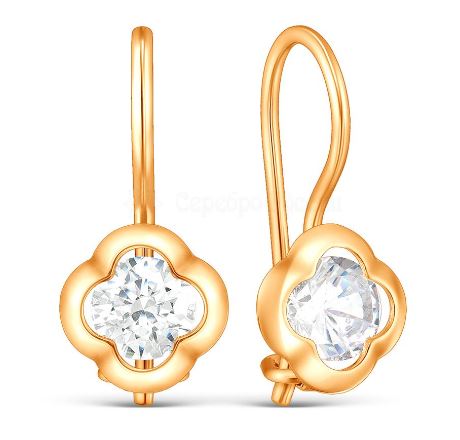 Серьги детские Клевер с фианитами из серебра 925 с золочением S2180341010з200