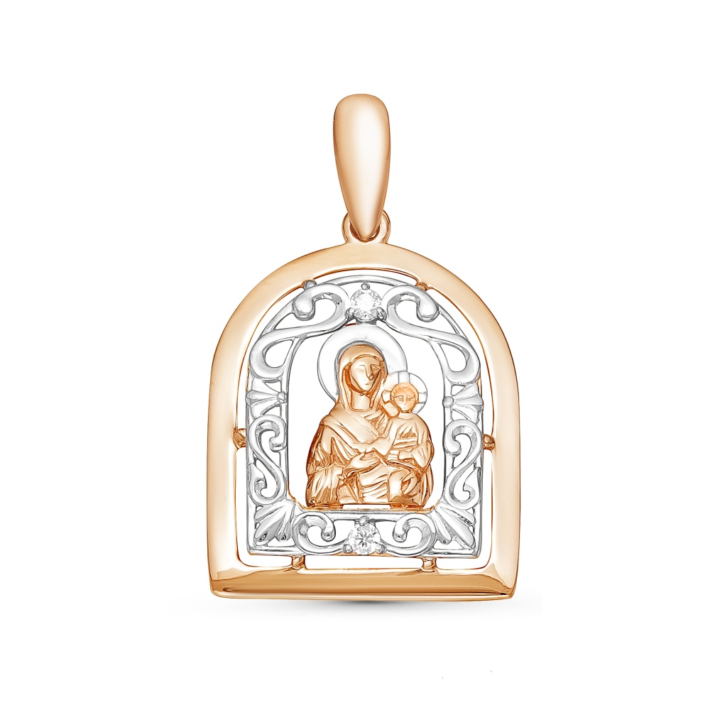 Икона нательная Казанской Божей Матери с фианитами из красного золота 585