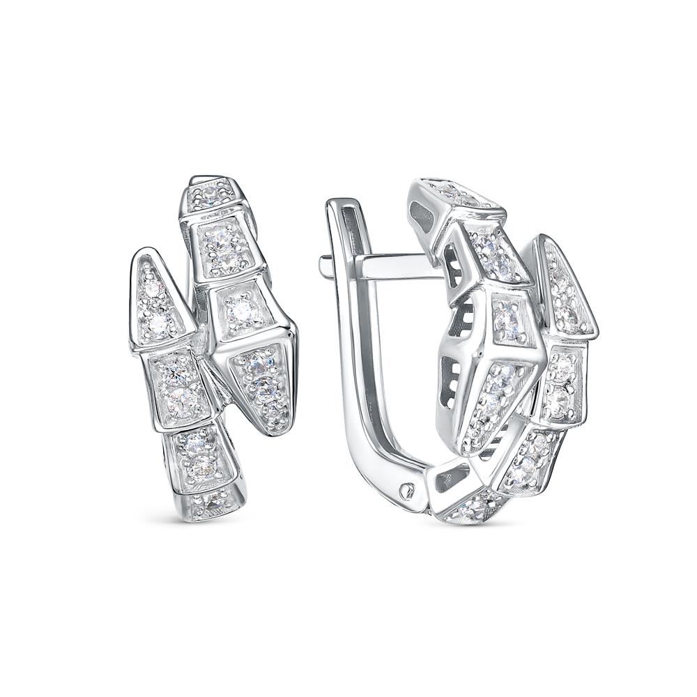 Серьги Змеи с фианитами из белого золота 585 с родированием б120323