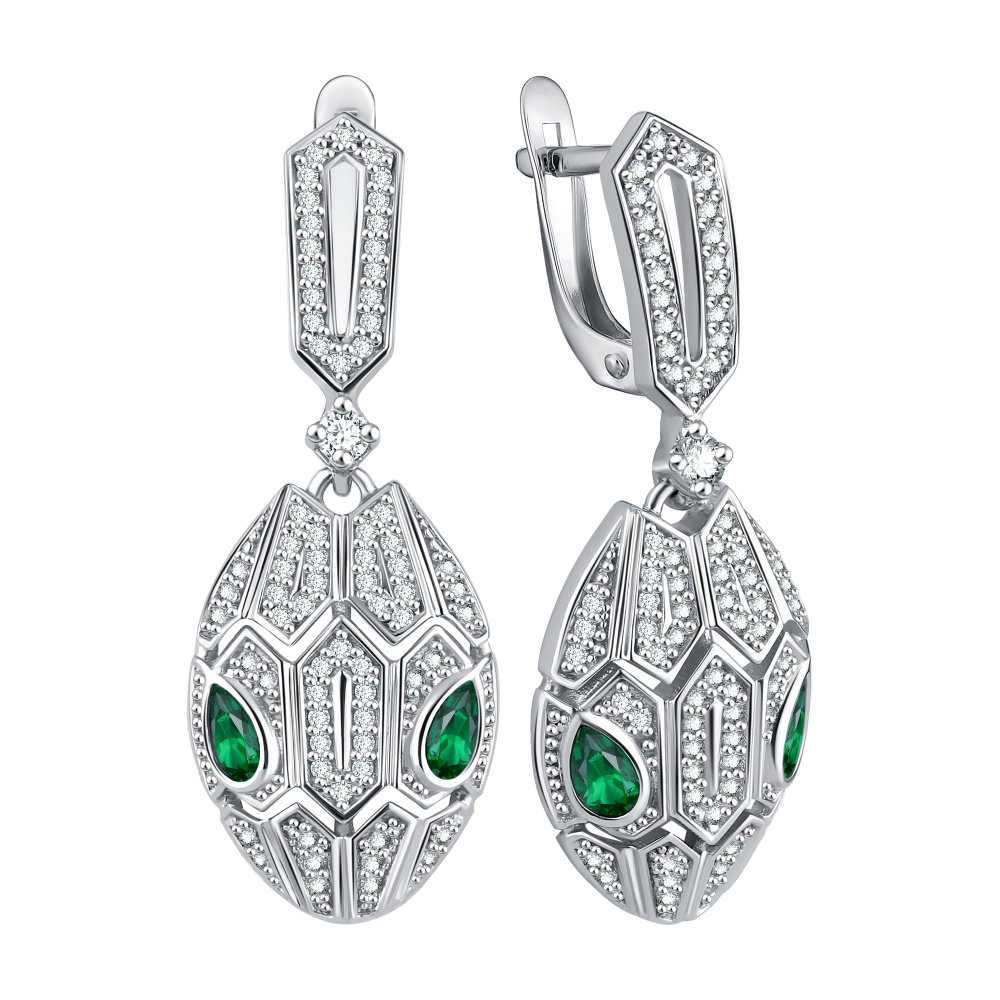 Серьги Змея с фианитами и зелеми камнями из серебра 925 с родированием 14-72-0003-15734