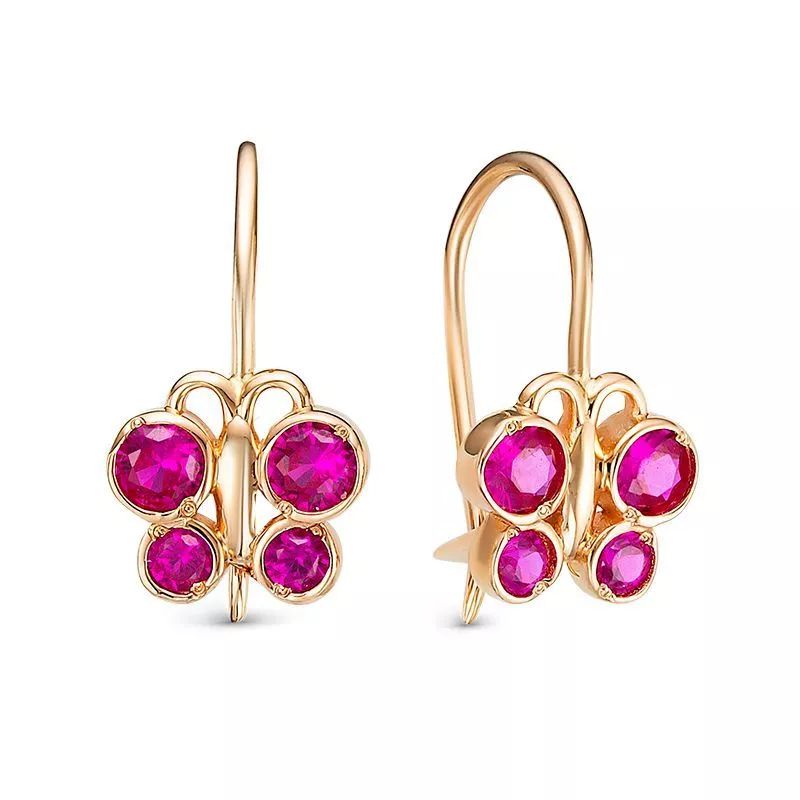 Серьги детские Бабочки с корундами из красного золота 585 1202351