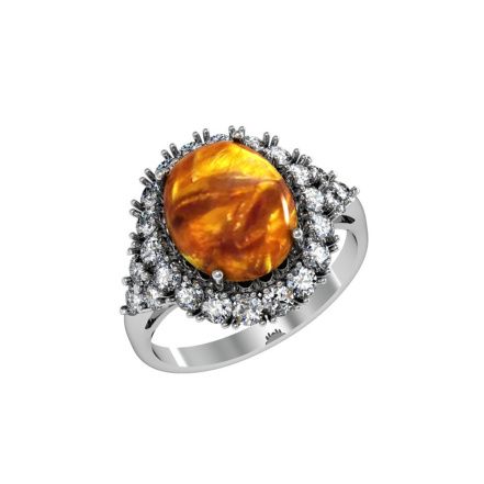 Кольцо с янтарем и фианитами из серебра 925 с родированием 201399