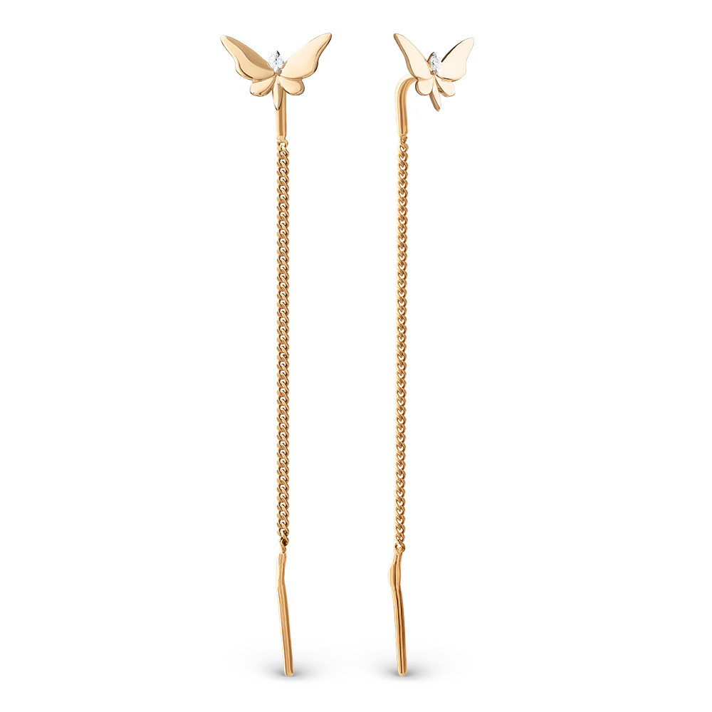 Серьги-продевки Бабочки с фианитами из красного золота 585 033652-1102