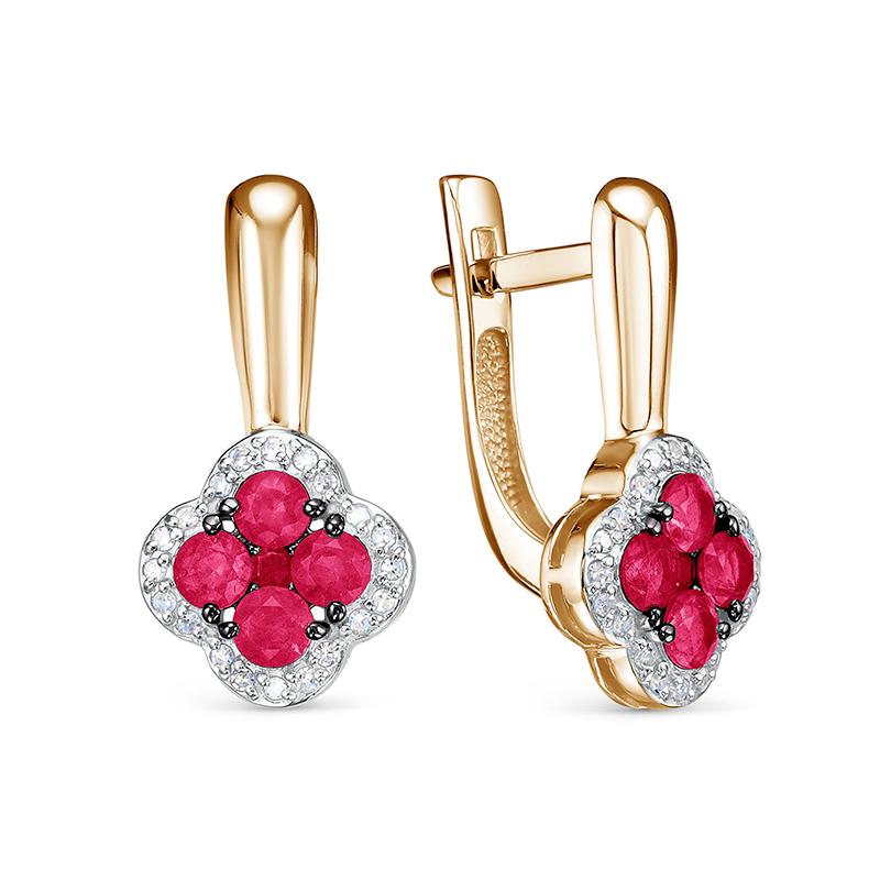 Серьги Клевер с рубинами и бриллиантами из красного золота 585 с родированием БР422515