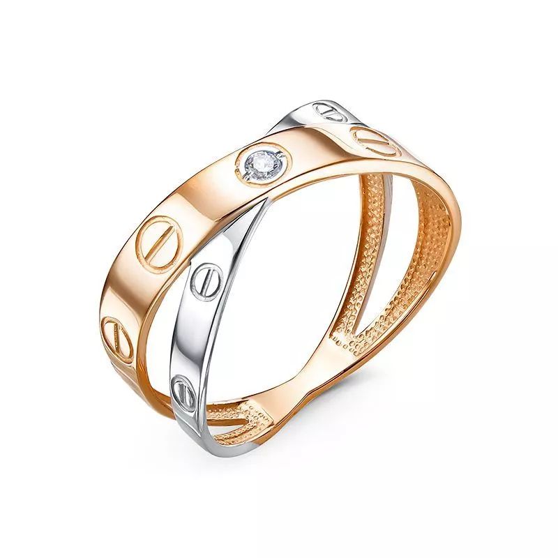 Кольцо с фианитом из красного золота 585 с родированием 1102642