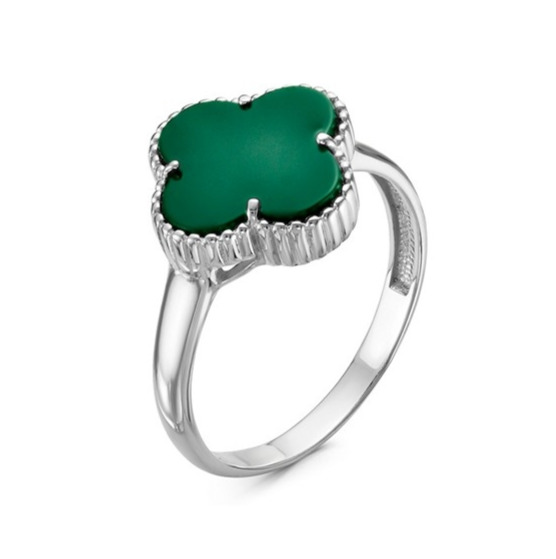 Кольцо Клевер с зеленым агатом из серебра 925 с родированием 1000-0452_gag-701