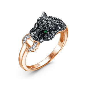 Кольцо Пантера с чёрными бриллиантами и изумрудами из красного золота 585 с родированием БР112