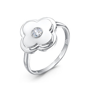 Кольцо Клевер с фианитом из серебра 925 с родированием с1104546